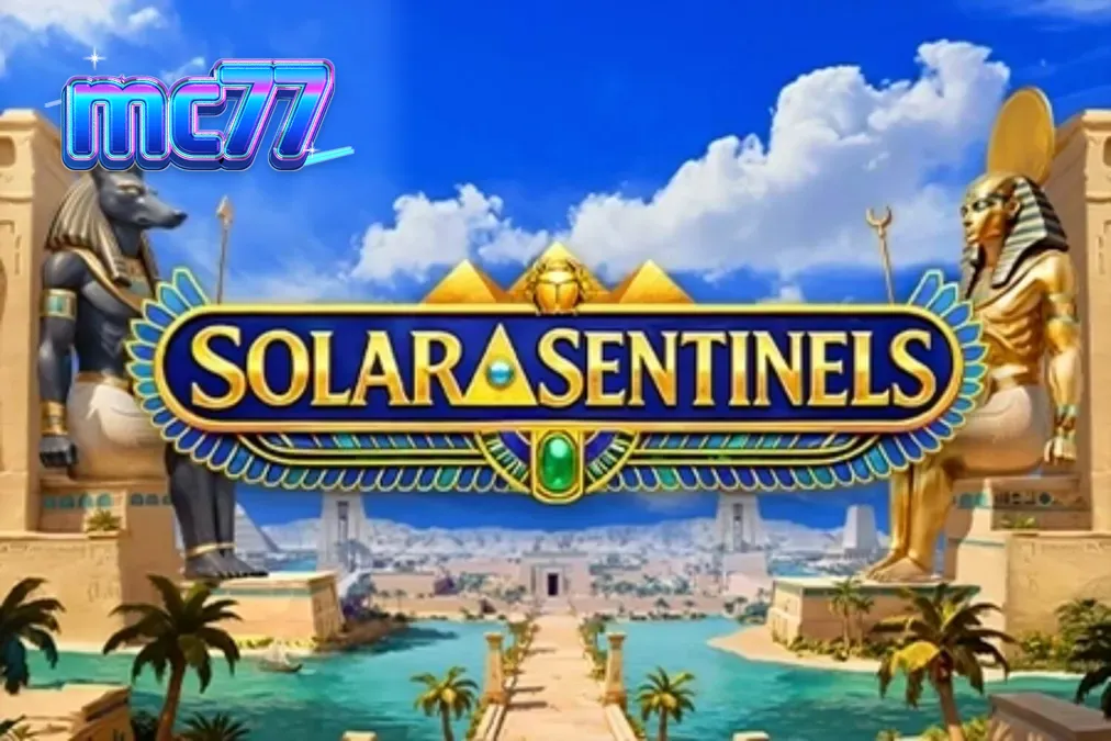 Pemandangan sinematik dari slot Solar Sentinels dengan latar belakang monumen Mesir Kuno